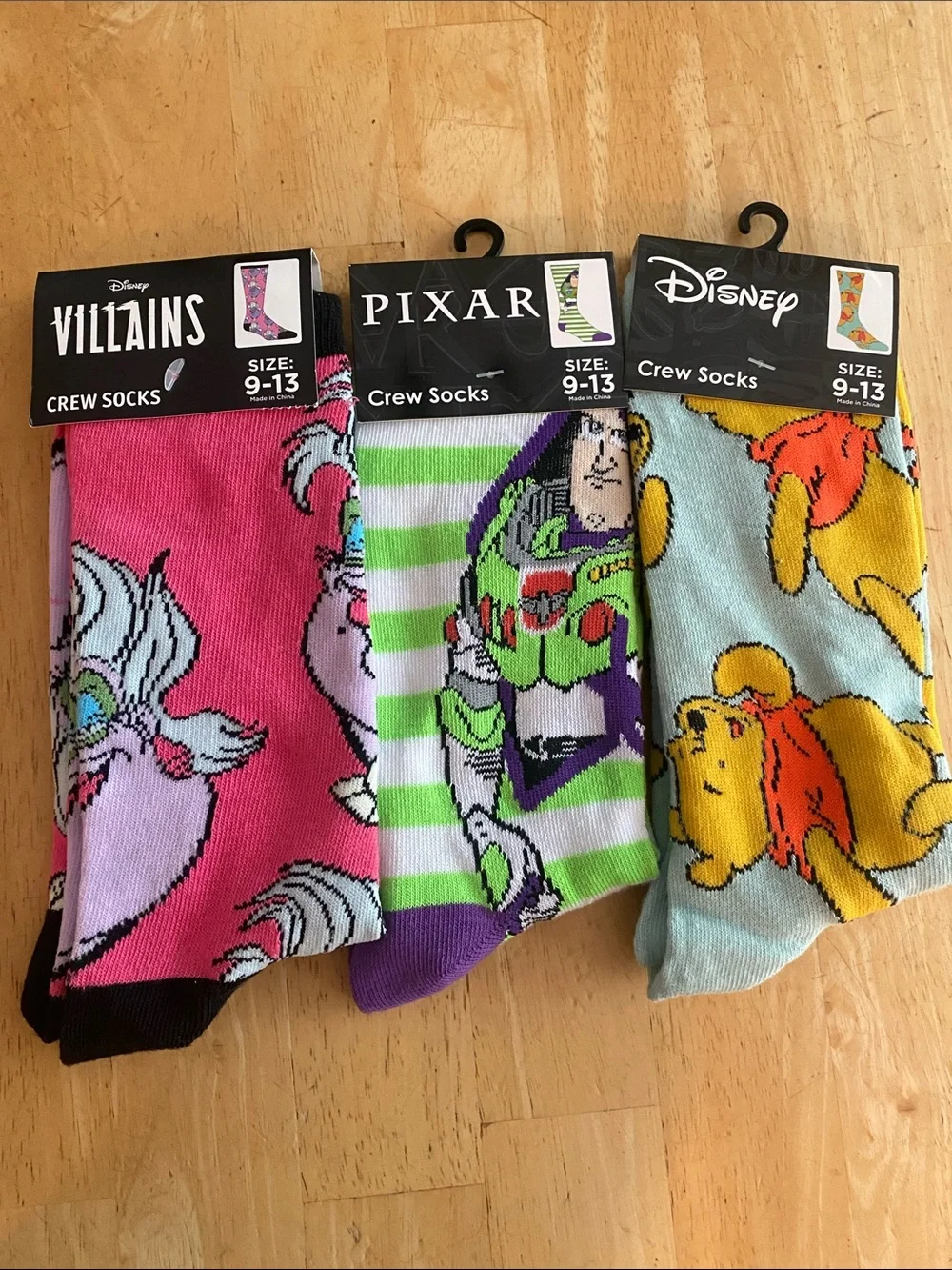 Disney Character Crew Socks Trio Pooh, Buzz Lightyear & Ursula one size NWT